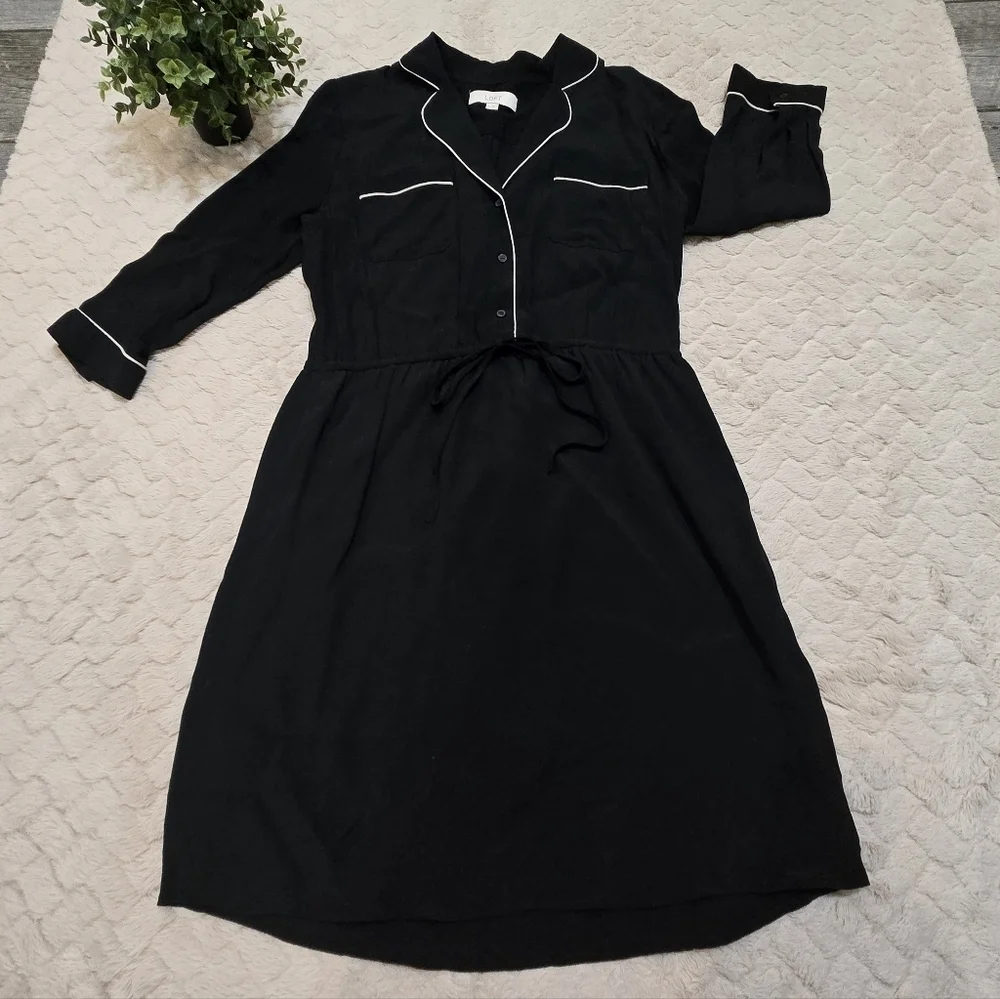 LOFT Black and White Trim Collared Long Sleeve Dress, Size Medium